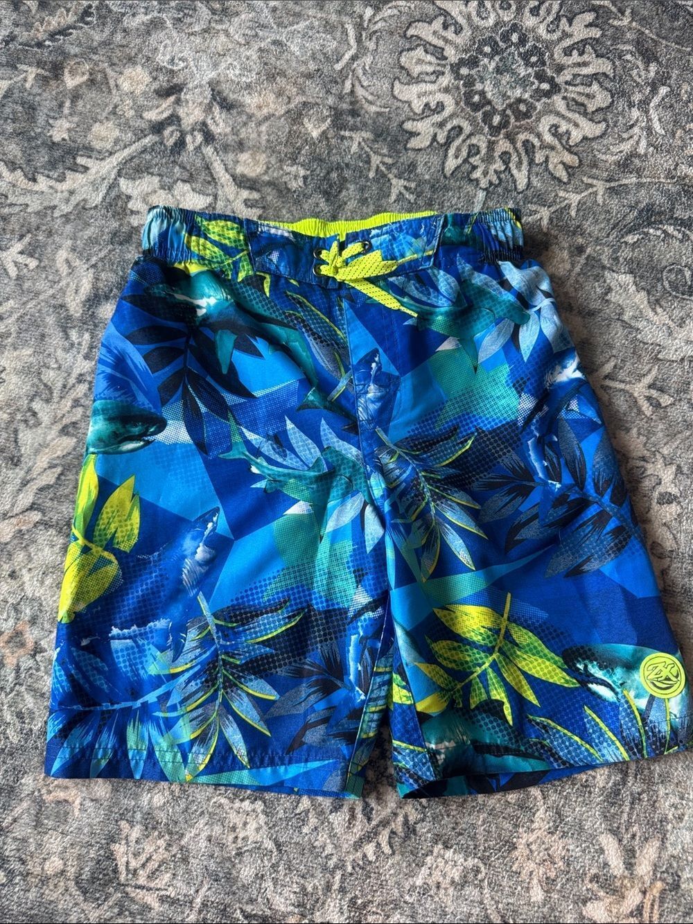 Boys Blue Tropical Swim Trunks with Neon Accents